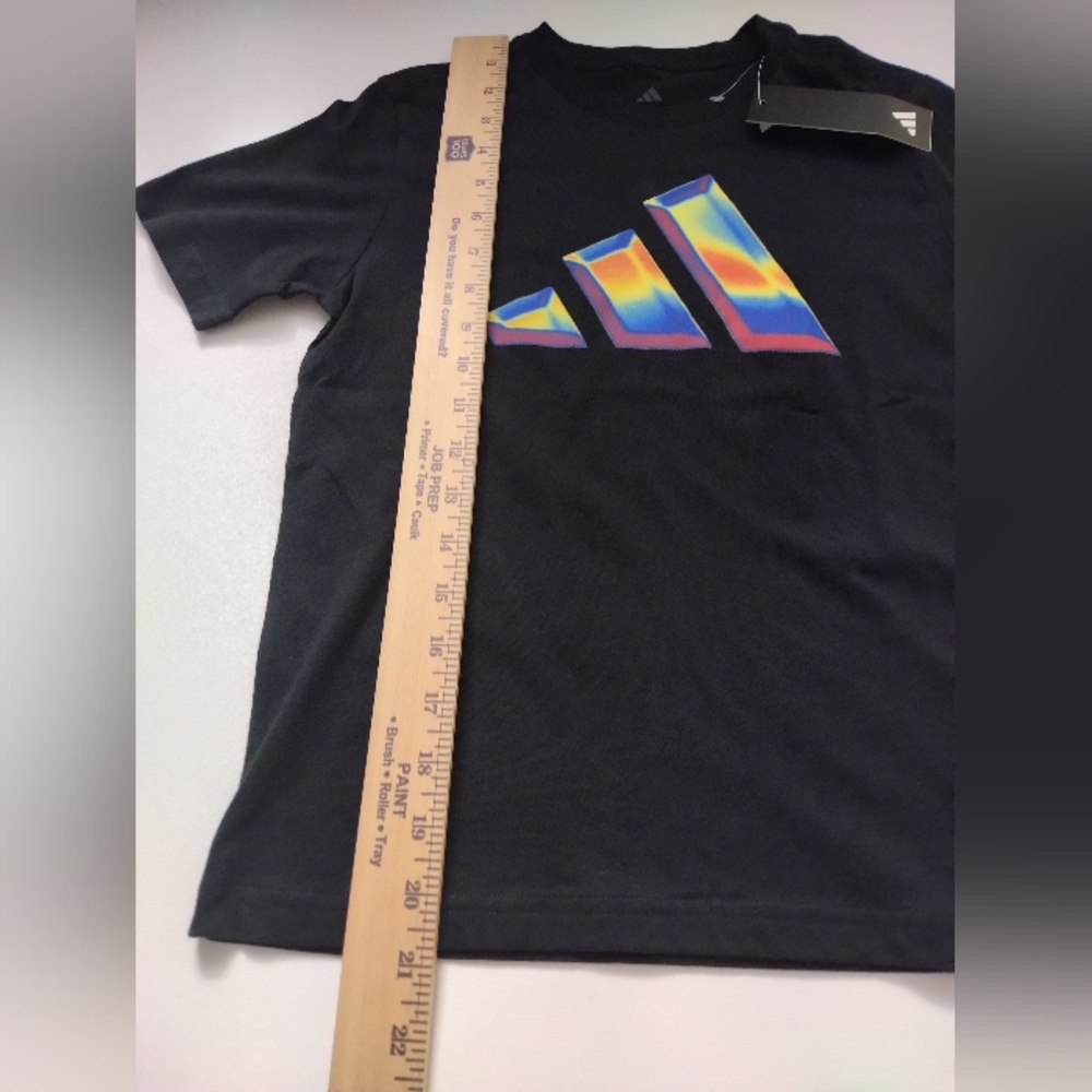 adidas Boys Black Tee with Rainbow Iridescent Logo New - Picture 2 of 5